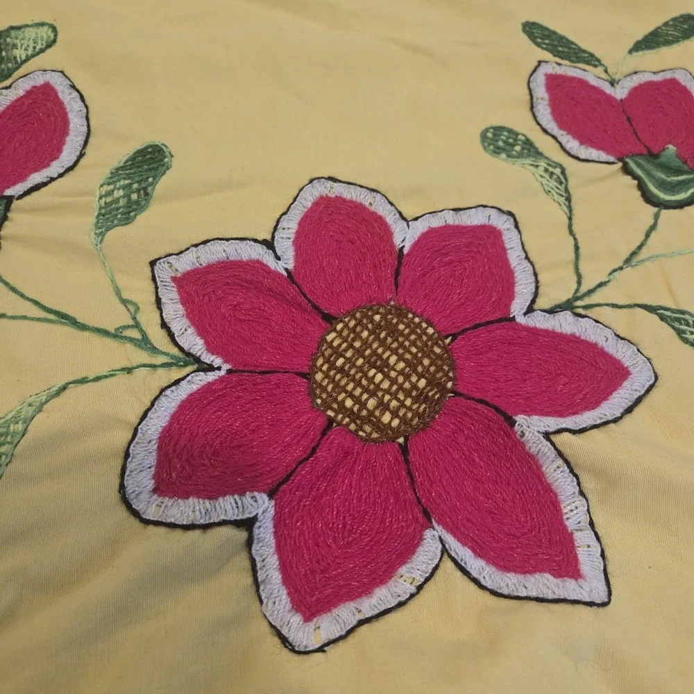 Vintage Mexican Boho Hand Embroidered Pillowcase Standard Yellow & Fuschia